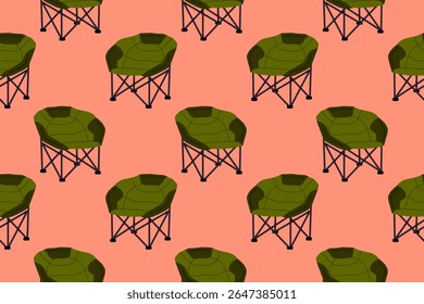 Padrão contínuo com cadeiras de acampamento acolchoadas verdes no fundo rosa quente. Design de conforto exterior para tecido e projetos.