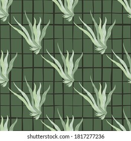 Seamless pattern in green palette with seaweed silhouettes. Chequered background. Ocean foliage ornament. Great for wallpaper, textile, wrapping paper, fabric print. Vector illustration.