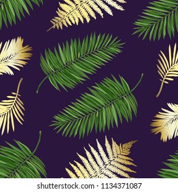 Seamless pattern of green palm leaves with golden streaks and gold fern leaves. Rich dark purple background. Hand drawn print in a trendy style and colors. Modern design.