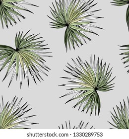 Seamless pattern with green palm leaves. Hand drawn vector on light gray background.