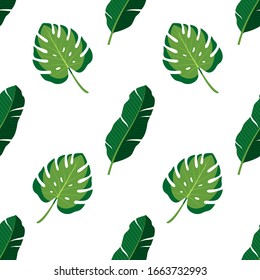 Seamless pattern with green palm leaves. Vector illustration of summer on white background. Exotic wallpaper with monstera leaves. For web design, banners, scrapbooking, printing on fabric, wrapping.