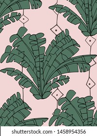 seamless pattern with green palm on a light pink background with cartoon eye chain tropical wallpaper 