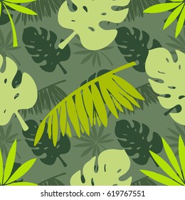 Seamless pattern with green palm tree leaves, branches. Natural background. Summer print, wallpaper
