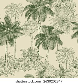 Seamless pattern with green palm trees and tropical plants. Toile de Jouy style. Hand drawn vector illustration.
