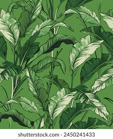 Patrón inconsútil de hojas tropicales de palma verde. Ilustración vectorial para Fondo de pantalla, textil, moda. 