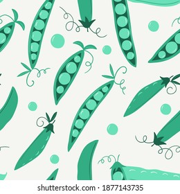 Seamless pattern with green pea pods on a beige background. vector vegetable illustration. Natural seamless texture. A Scandinavian-style pattern. For wallpaper, textiles, fabric, paper.