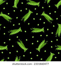 Seamless pattern with green pea pods on a black background. Pattern with vegetables