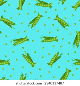 Seamless pattern with green pea pods on a blue background. Pattern with vegetables