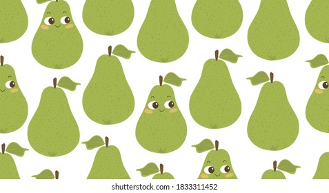 Seamless pattern of green pear fruit character isolated on white background. Hand drawn illustration. Good for nurse textile, fabric, cloth, kids, wrapping paper, cards etc.