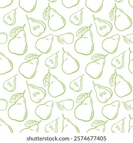 Seamless Pattern of Green Pear Outlines with Leaves on White Background