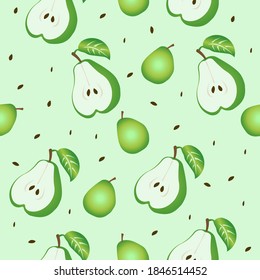 Seamless pattern of green pear. Vector illustration isolated on a green background. Texture for fabrics, textiles, menus, packaging, website, etc.