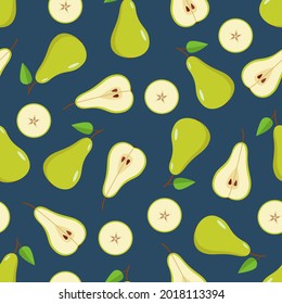 Seamless Pattern Green pear is whole, half and a pear slice. Vector illustration of ripe juicy fruit pears.