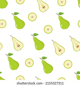 Seamless Pattern Green pear is whole, half and a pear slice on a white background. Vector illustration of ripe juicy fruit pears