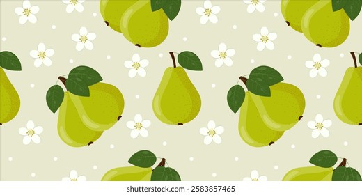 Seamless pattern with green pears and flowers. For backgrounds, textiles, tablecloths, kitchen, wallpaper, packaging. Vector image.