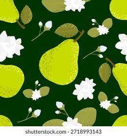 Padrão contínuo com peras verdes, flores de jasmim e folhas em fundo verde escuro. Textura botânica decorativa para tecido, papel de parede, embalagem e design de superfície