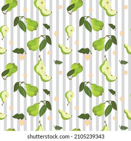 Seamless pattern with green pears on a gray and white background with vertical stripes.