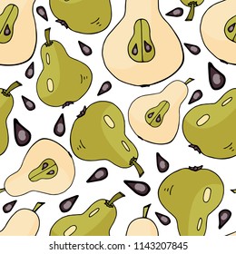 Seamless pattern with green pears and seeds on white background