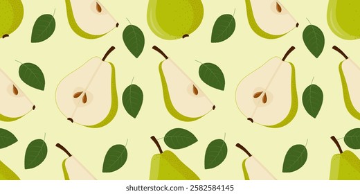 Seamless pattern with green pears. Whole pear, half, piece. For backgrounds, textiles, tablecloths, kitchen, wallpaper, packaging. Vector image.