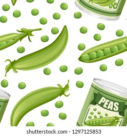 Seamless pattern. Green peas in aluminum can with pod. Canned food with peas logo. Product for supermarket and shop. Flat vector illustration on white background.