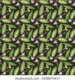Seamless pattern of green peas and flowers on dark background.