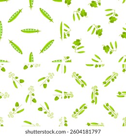 Seamless pattern with green peas growing on vines and open pods showing peas inside on white background