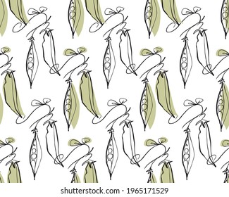 seamless pattern with green peas, hand drawing in one line, healthy vegetable background, stylized vector graphics