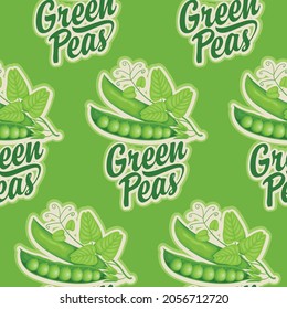 Patrón inmaculado con guisantes verdes e inscripciones sobre un fondo verde de estilo retro. Vector repitiendo fondo para guisantes verdes crudos, enlatados y congelados. Apropiado para el embalaje y el papel de embalaje de marca