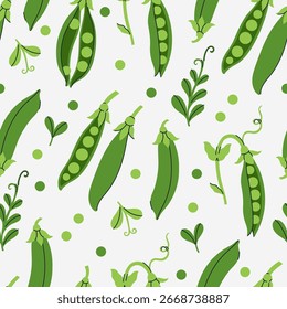 Seamless pattern with green peas on a white background. Vector graphics.