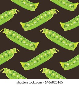 Seamless pattern with green peas. Pea pods. Wallpaper, print, wrapping paper, sticker, promotional material. Vector illustration.
