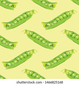Seamless pattern with green peas. Pea pods. Wallpaper, print, wrapping paper, sticker, promotional material. Vector illustration.