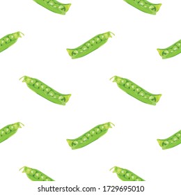 Patrón sin foco con arvejas verdes. Podos de arveja. Papel tapiz, papel de embalaje, pegatina, material promocional. Ilustración vectorial.