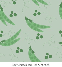 Seamless pattern with green peas and pea pods. Fresh vegetable-themed design featuring hand-drawn illustrations. Ideal for packaging, textile designs, kitchen-themed project