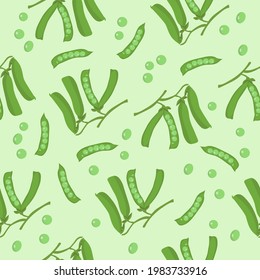 Seamless pattern of green peas and pods on twig