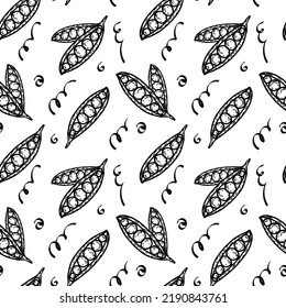 Seamless pattern of green peas and spots, hand-drawn doodle in sketch style. Vegetables. Spring. Summer.  