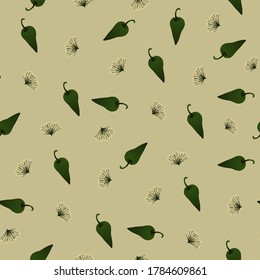 Seamless pattern with green pepper and dill with flowers on a beige background. Design for wallpaper, background, fabric, textile, interior, cooking, cafe, paper, packaging.