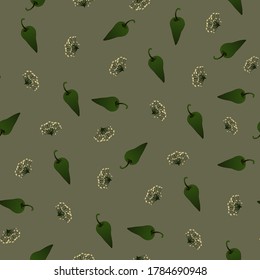Seamless pattern with green pepper and flowers, dill leaves on a gray background. Design for wallpaper, background, fabric, textile, interior, cooking, cafe, paper, packaging.
