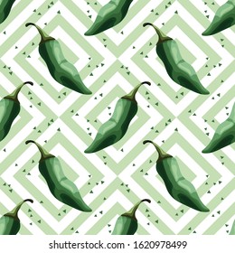 Seamless pattern with green peppers on a geometric background. Hot peppers. Wallpaper, print, packaging, paper, textile design. Vector illustration.