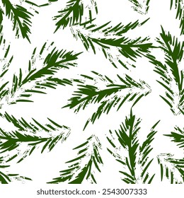 A seamless pattern of green pine branches against a white background capturing a winter theme