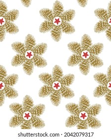 Seamless pattern with green pine cone flower on red star, forest coniferous tree pine cone flower on white background. 