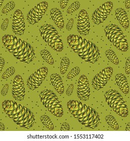 Seamless pattern with green pine cones. Forest background. Wallpaper, print, wrapping paper, packaging, textile design, banner, poster. Vector illustration.