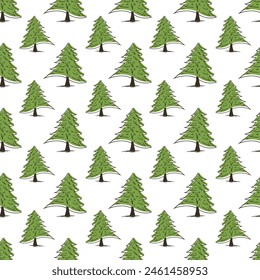 Seamless pattern with green pine trees on white background. Vector illustration.