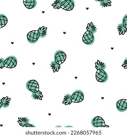 Seamless pattern with green pineapples with black outline and hearts