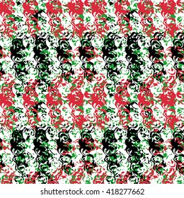 Seamless pattern with green, pink and black elements on white background