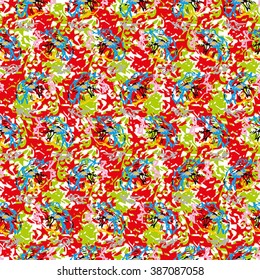 Seamless pattern with green, pink, blue and white elements on red background