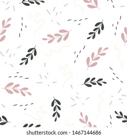 Seamless pattern of green and pink branches decorated with colorful dashes.