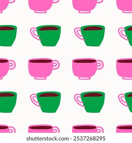 Seamless pattern. Green and pink coffee cups. Graphic design. Illustration on white background.