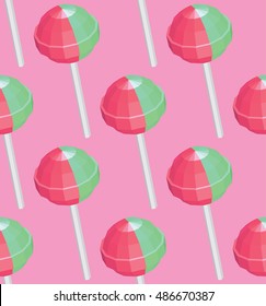 Seamless Pattern with Green and Pink Colored Lollipops on Pink Background. Vector Low Poly  Illustration. Print for Wrapping Paper Fabric and Wallpapers.