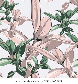 Seamless pattern,  green and pink Ficus Elastica leaves on light background. Vector illustration.