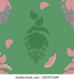 Seamless pattern from green and pink inflorescences on a green background