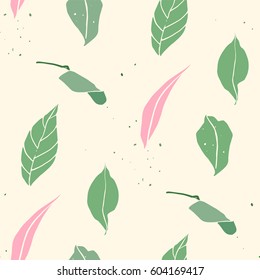 Seamless pattern with green and pink leaves.